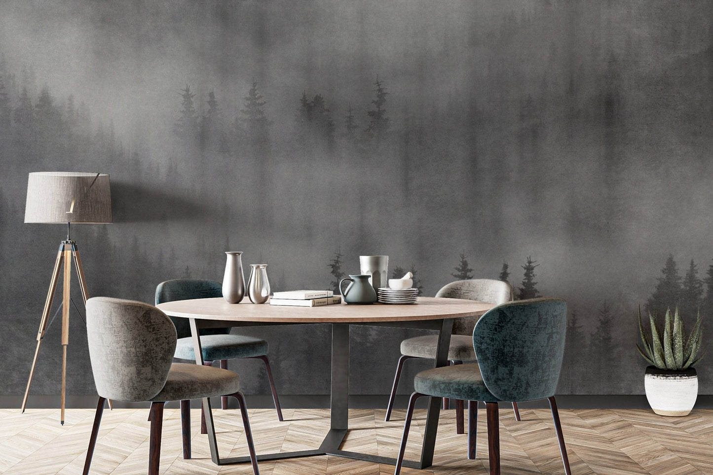 Monochrome misty forest wall mural
