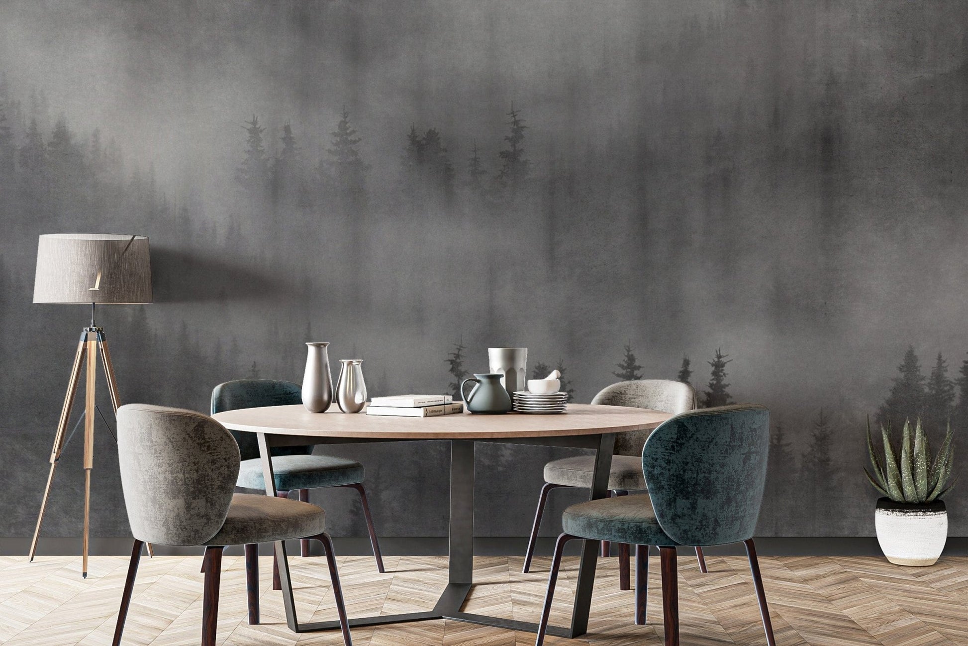 Monochrome misty forest wall mural
