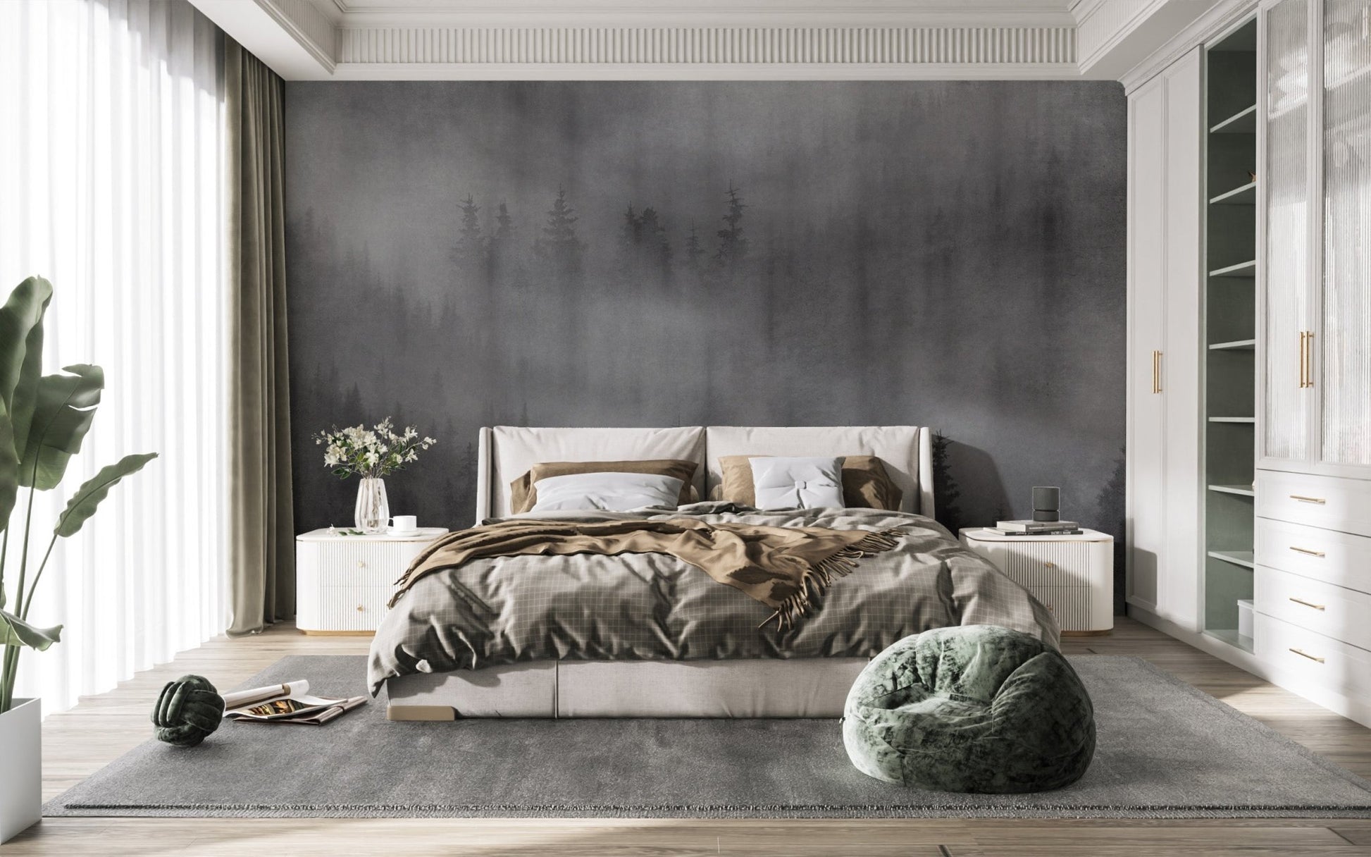 Dramatic misty forest wall covering
