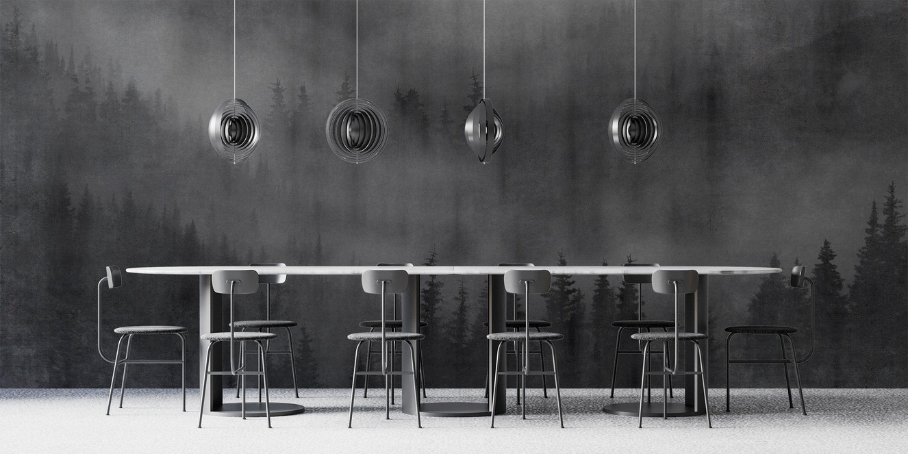 Misty forest black wallpaper design
