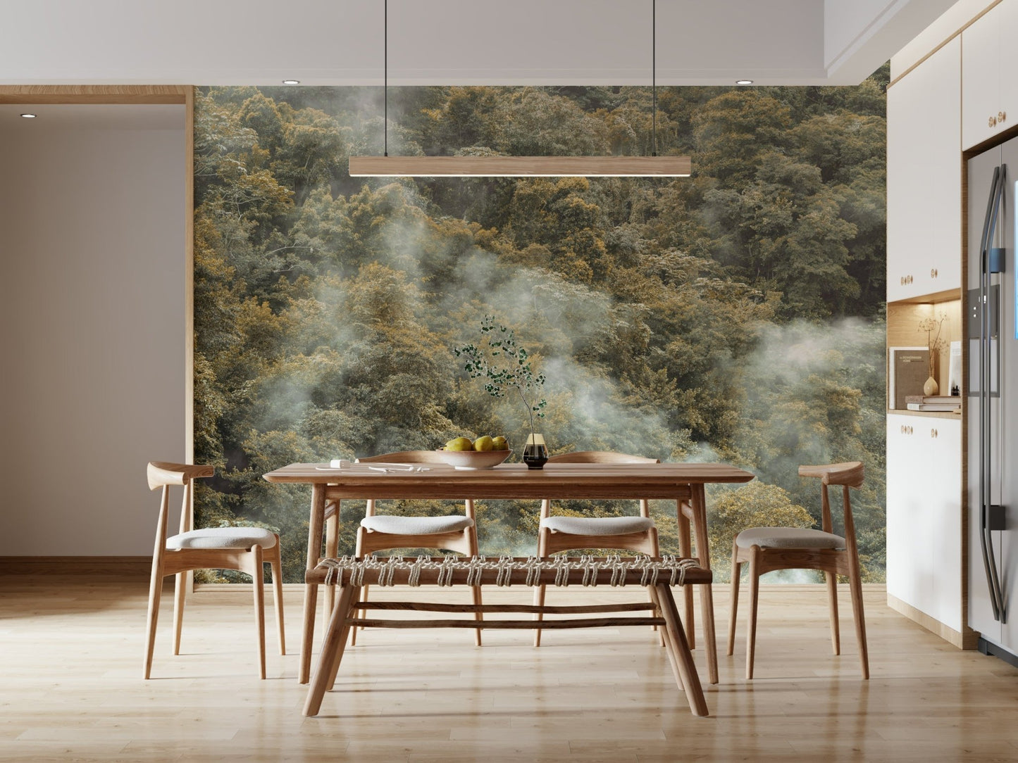 Soft light Misty Forest Canopy Wall Mural in jungle.