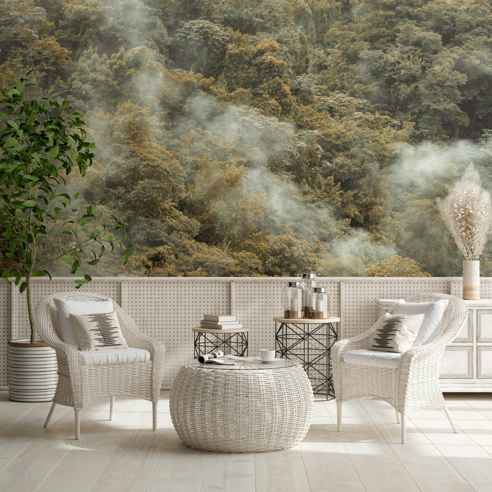 Atmospheric nature Misty Forest Canopy Wall Mural room feature.
