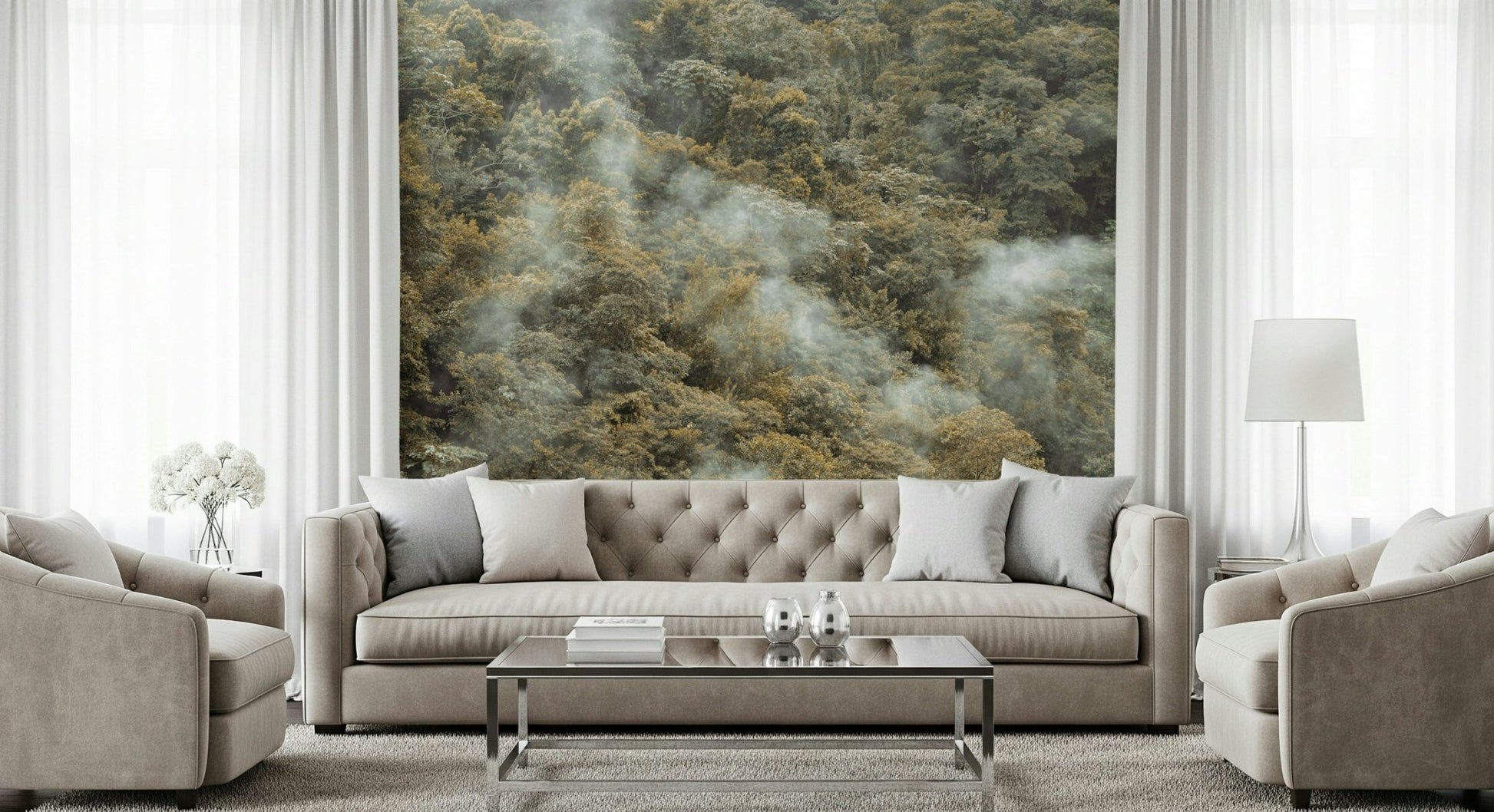 Foggy wilderness Misty Forest Canopy Wall Mural textured image.