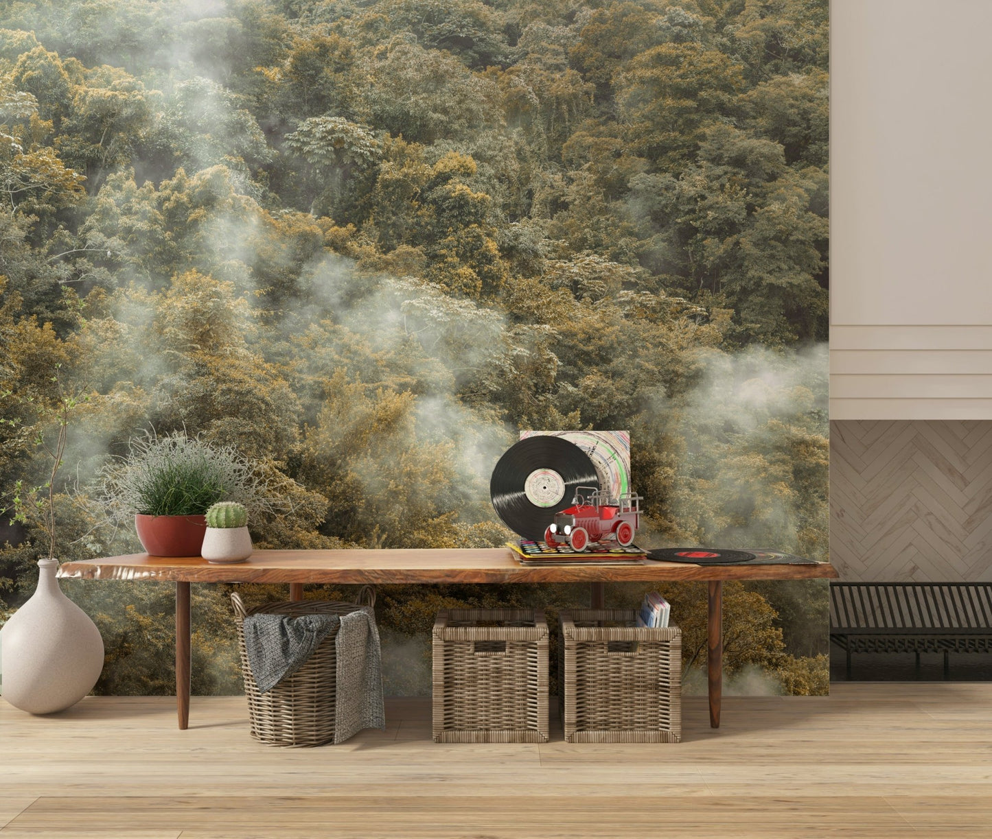 Green and gold Misty Forest Canopy Wall Mural top view.