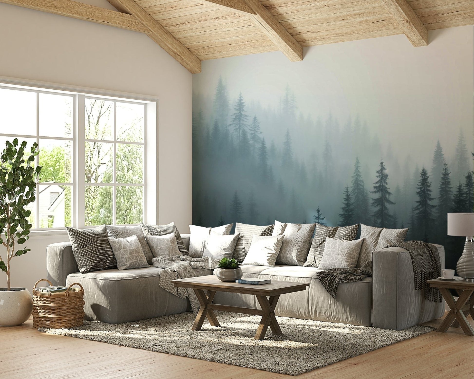 The image shows an artistic impression of a serene forest scene with mist.

