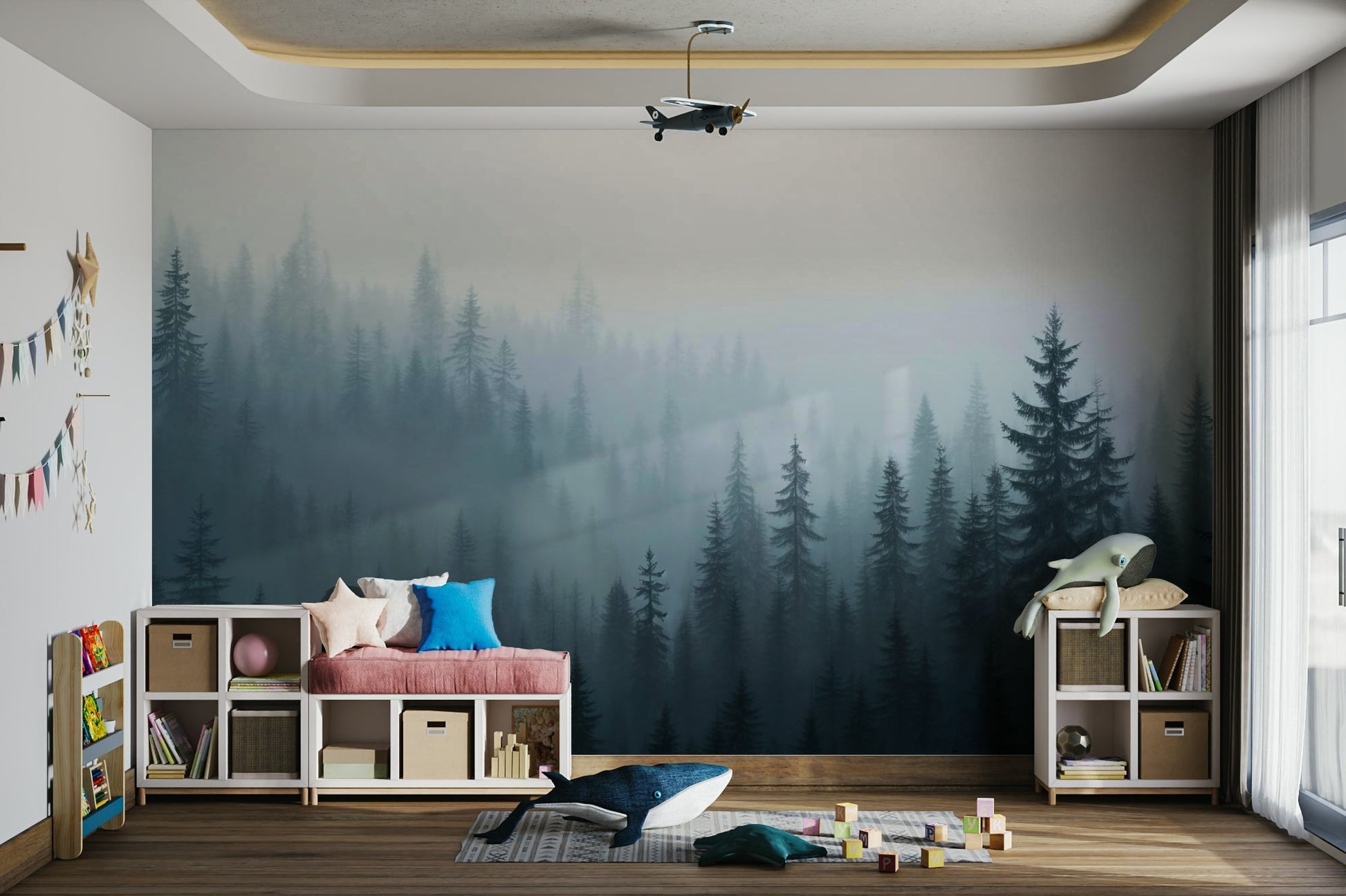 A wall mural of a peaceful forest.

