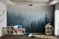 A wall mural of a peaceful forest.

