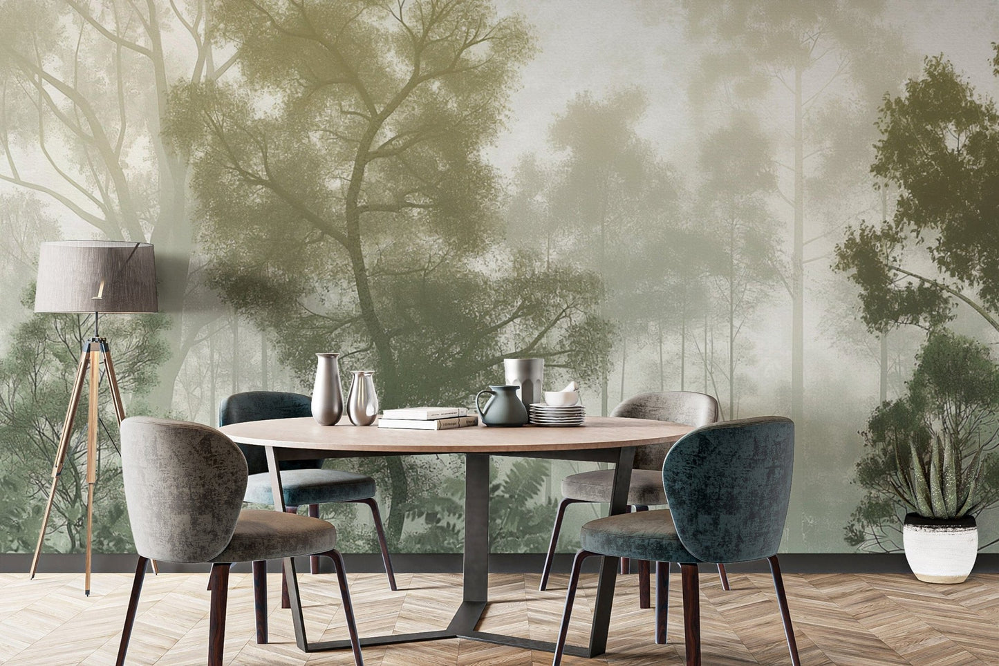 Soft green misty forest wallpaper mural
