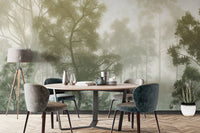 Soft green misty forest wallpaper mural
