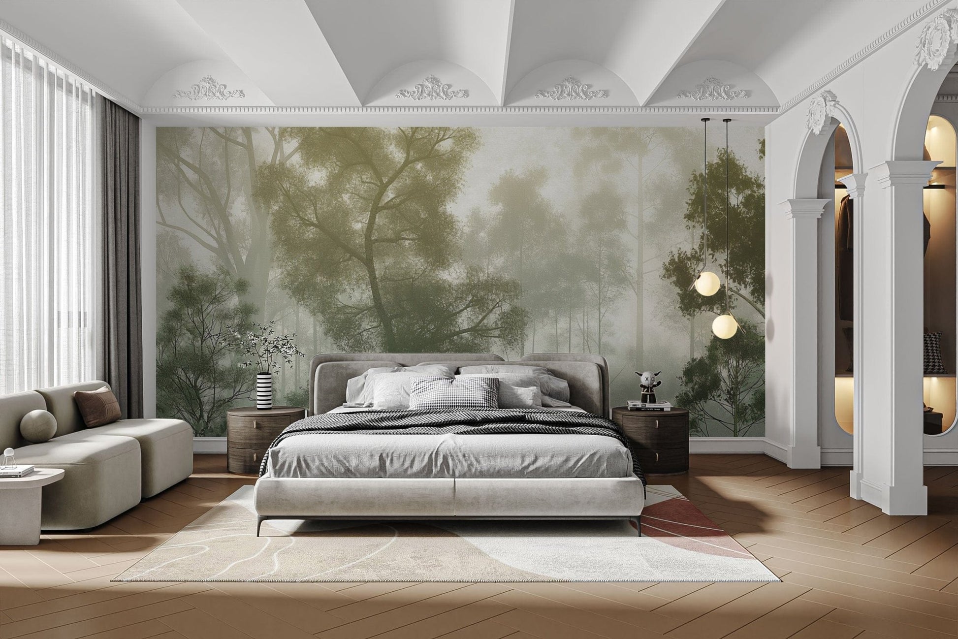 Foggy forest green wallpaper with trees
