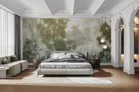 Foggy forest green wallpaper with trees
