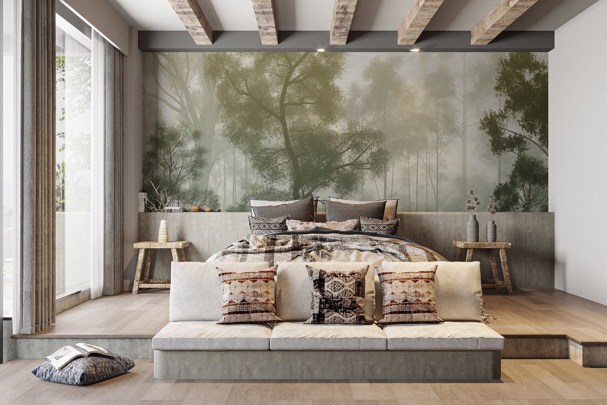 Serene misty forest green tree wallpaper
