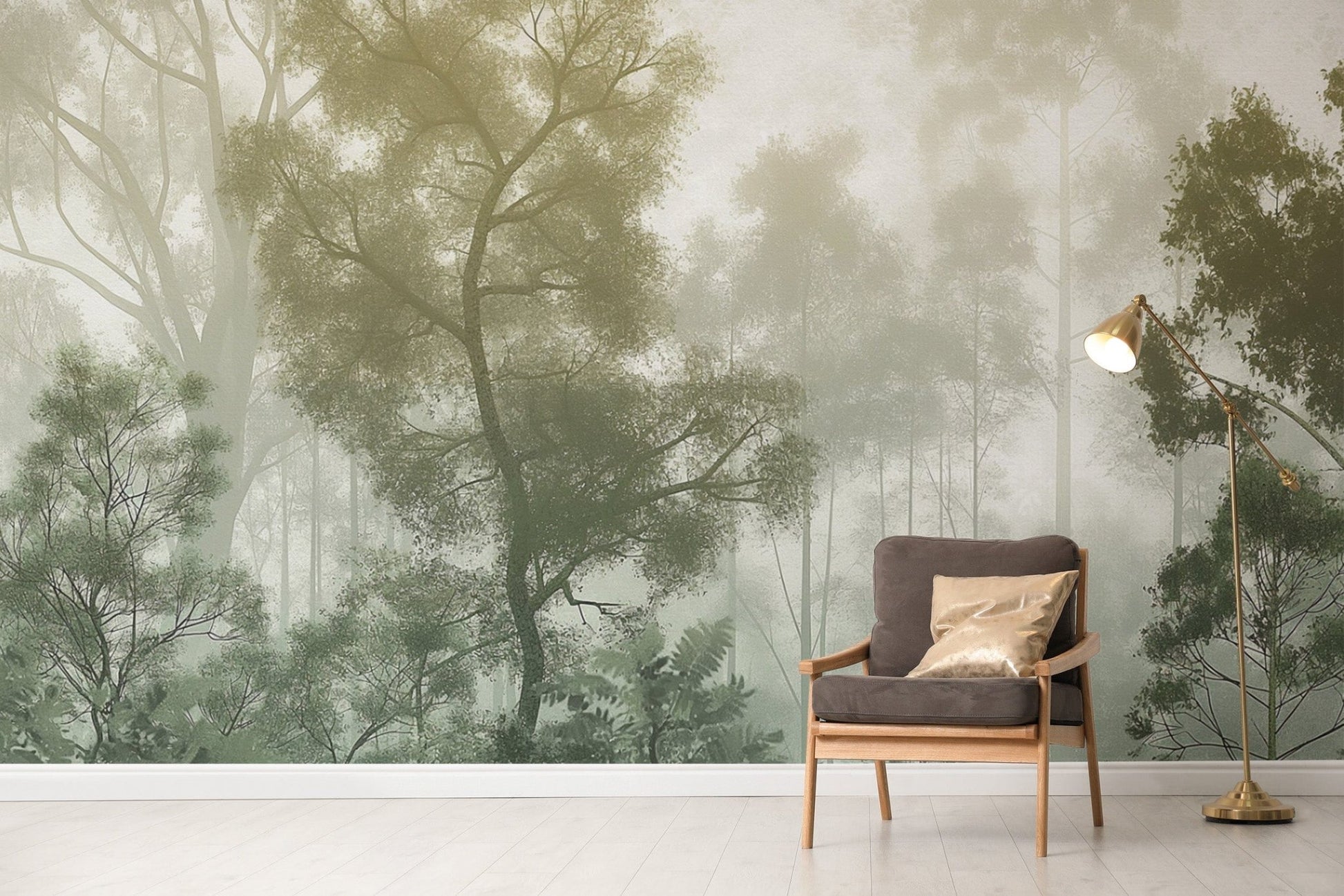 Misty green forest tree wallpaper design
