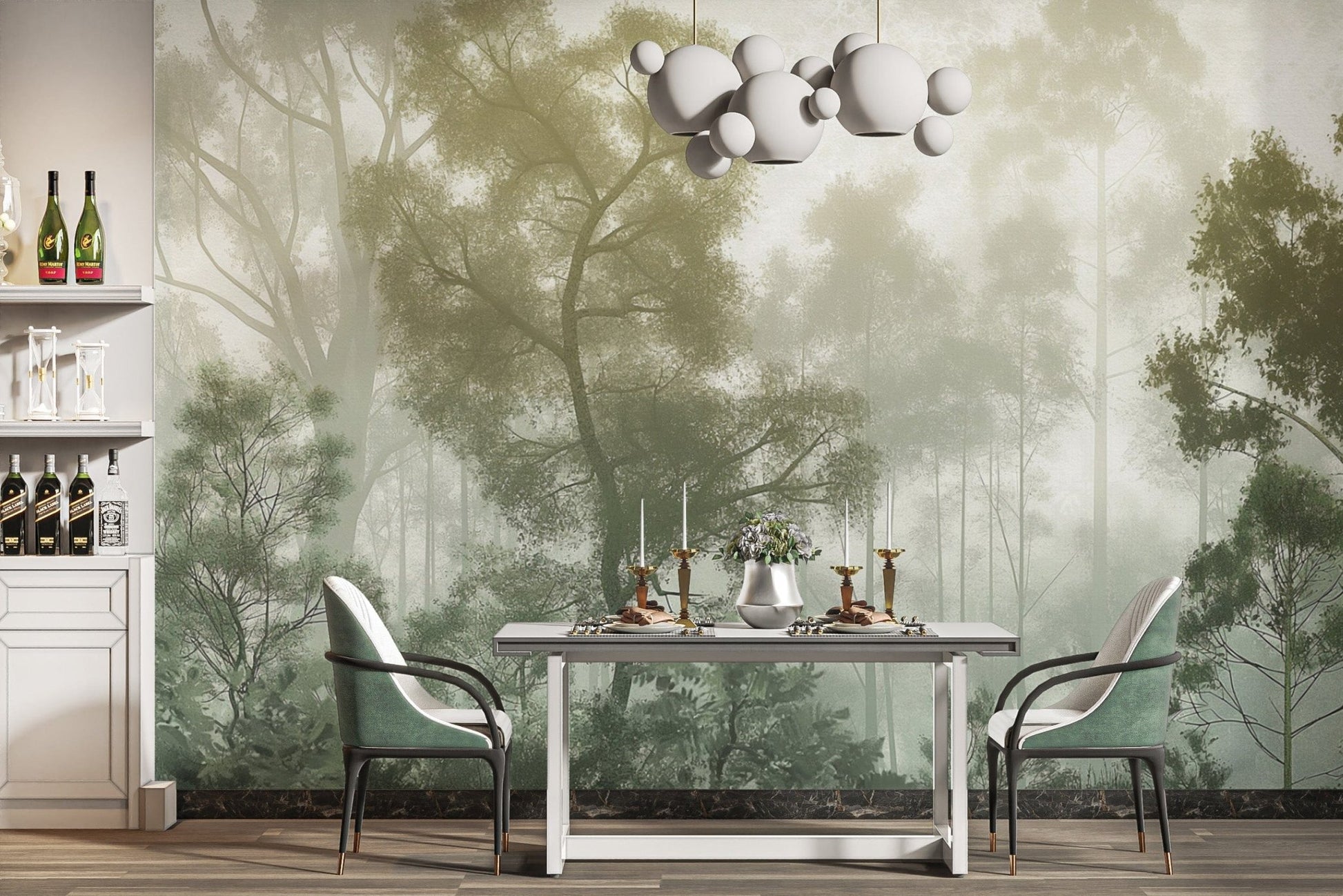 Gentle green misty forest tree mural
