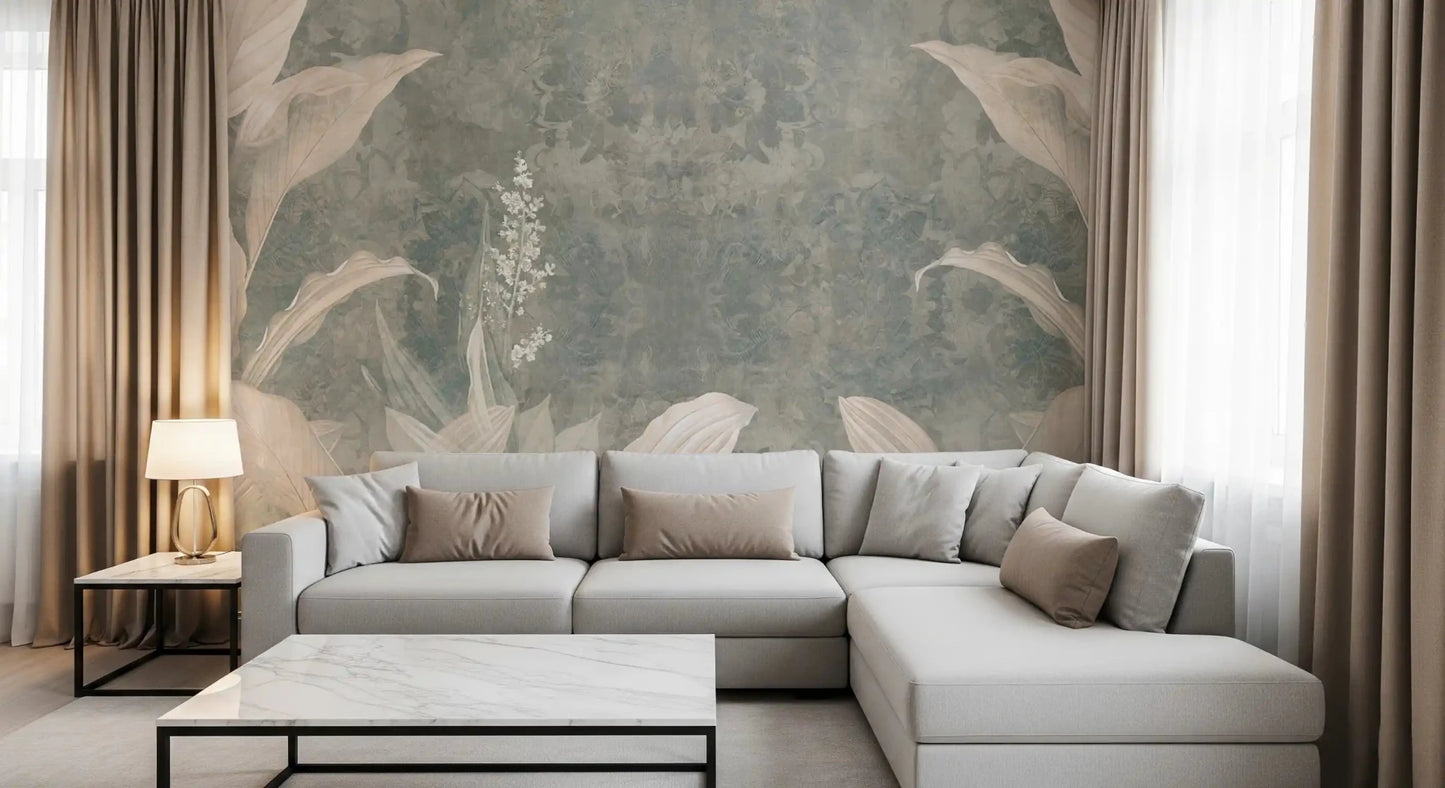 Living room styled with Misty Forest Landscape wall mural in muted woodland tones, GD9287