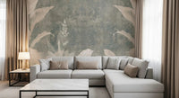 Living room styled with Misty Forest Landscape wall mural in muted woodland tones, GD9287