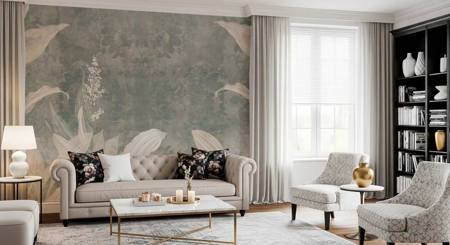 Living room space using Misty Forest Landscape mural in calm grey forest shades, GD9287