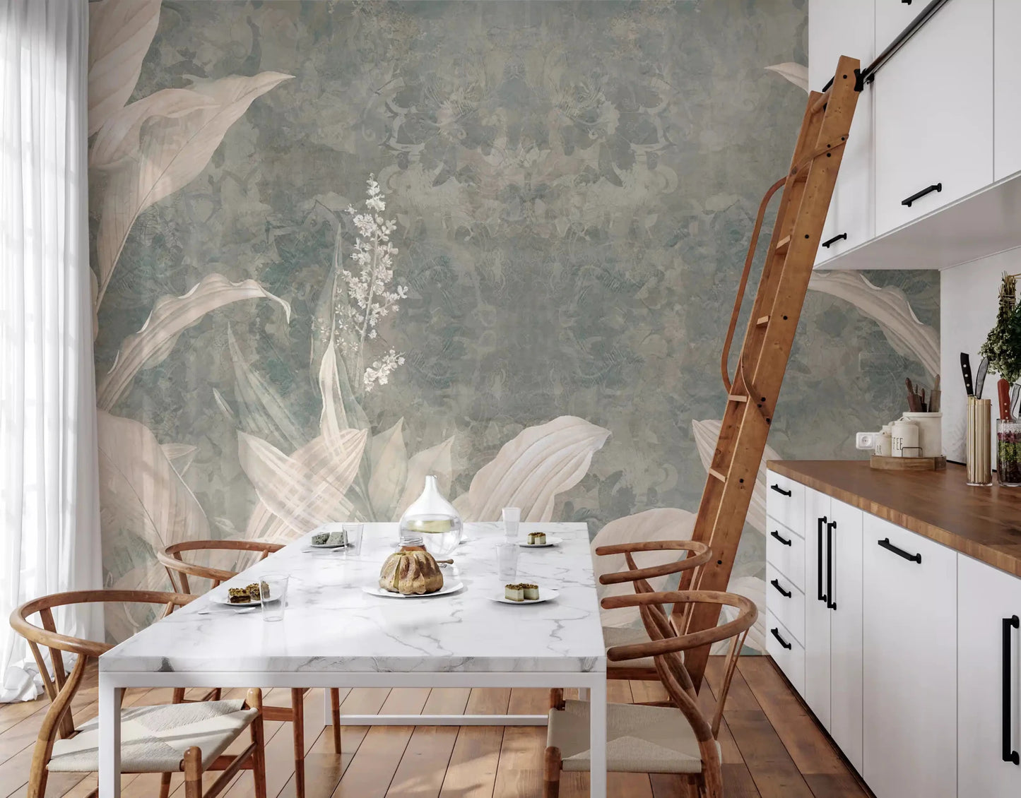 Foggy woodland wall mural in Misty Forest Landscape with muted neutral tones, GD9287