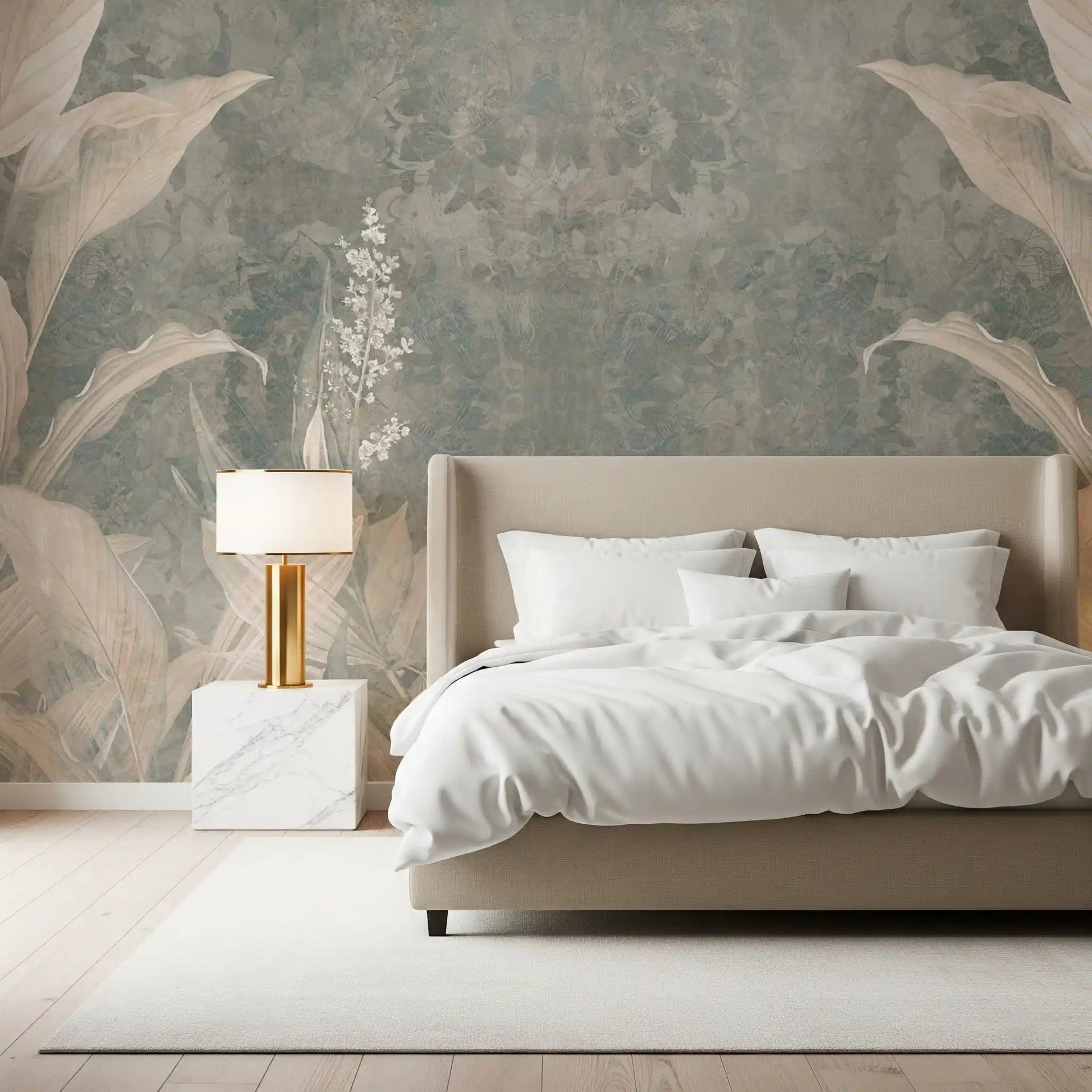 Bedroom wall featuring Misty Forest Landscape mural with soft foggy tree layers, GD9287