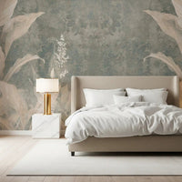 Bedroom wall featuring Misty Forest Landscape mural with soft foggy tree layers, GD9287