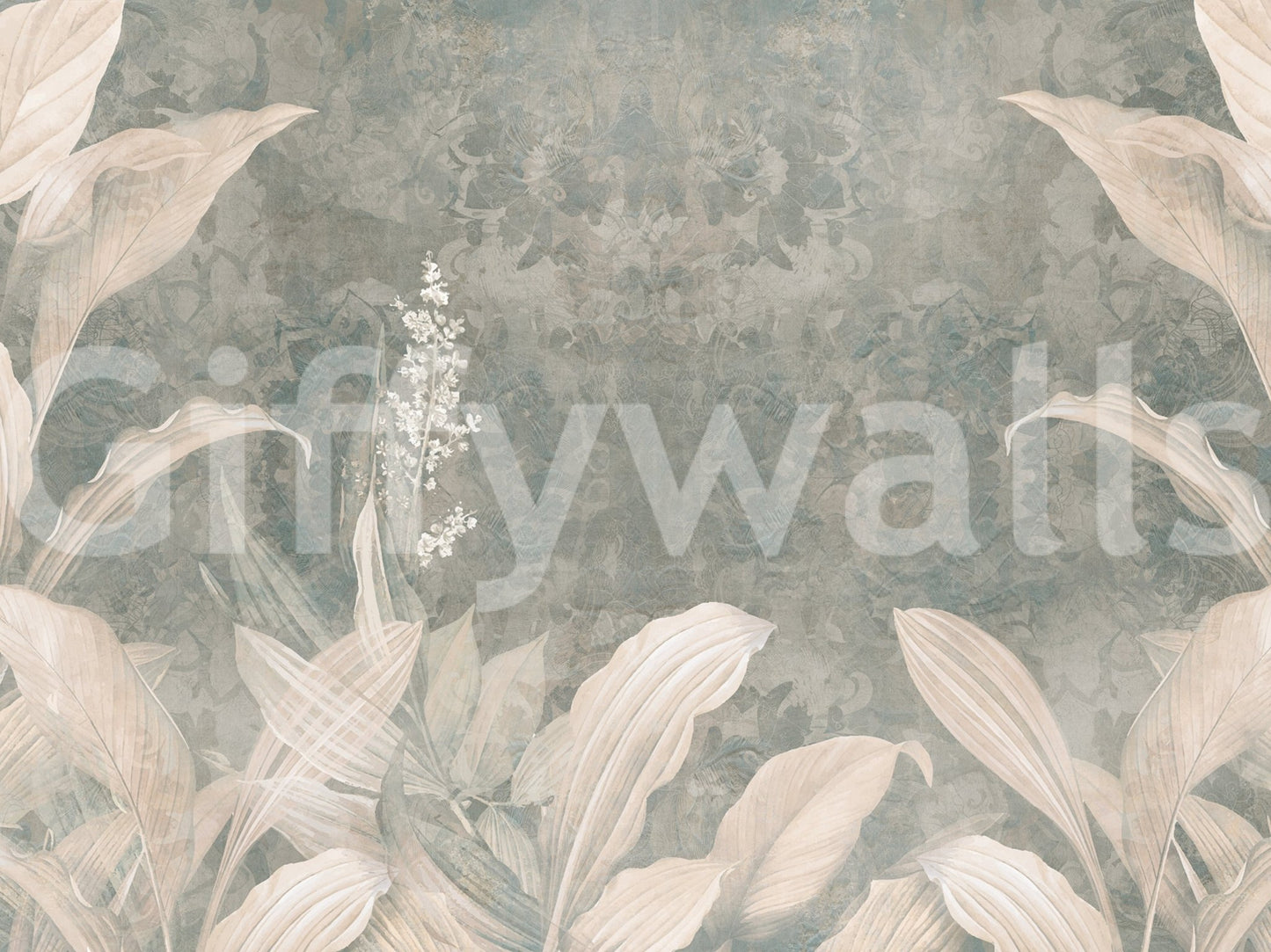 Scenic forest wall mural with soft haze and layered neutral botanical detail, GD9287
