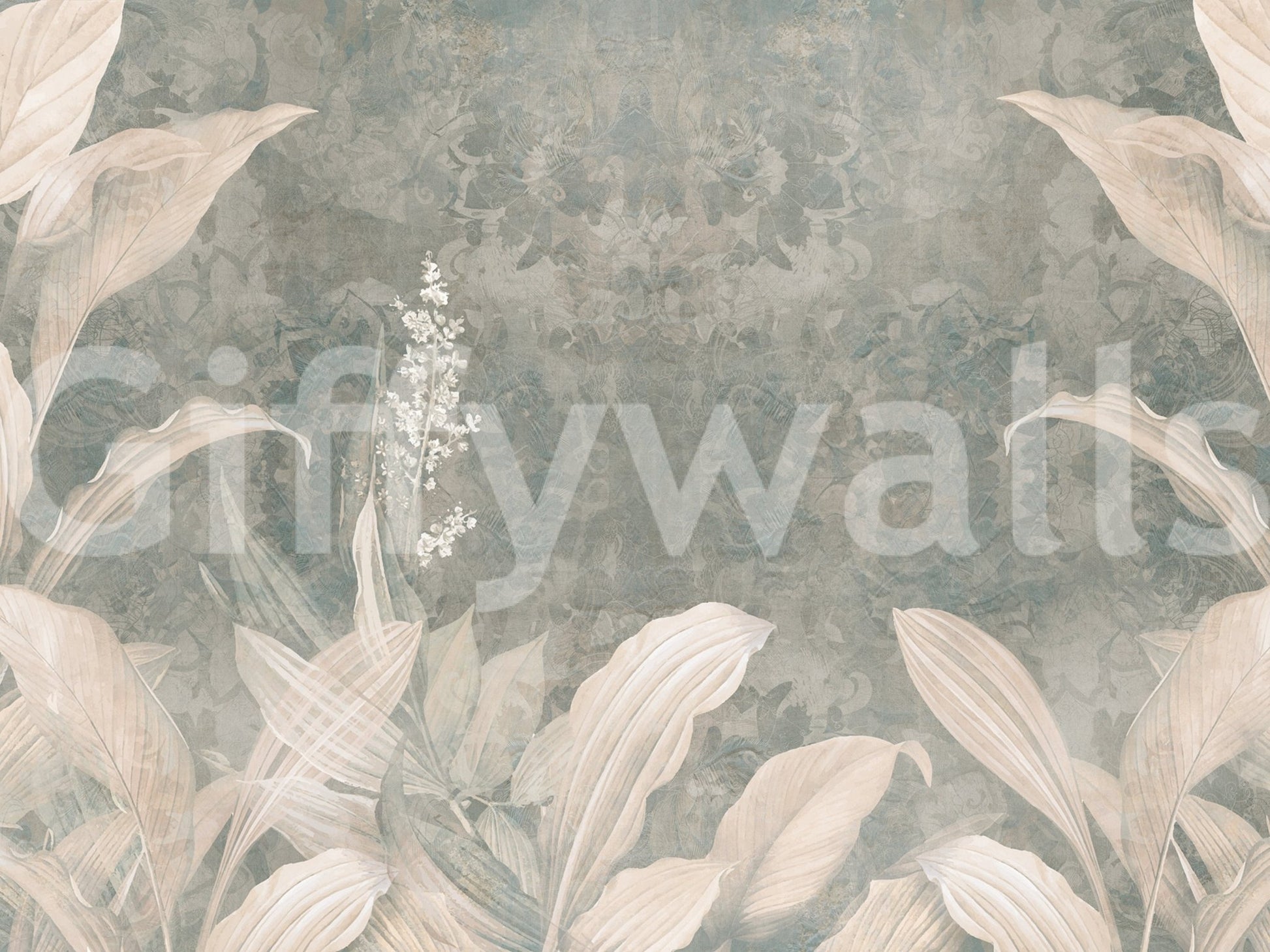 Scenic forest wall mural with soft haze and layered neutral botanical detail, GD9287