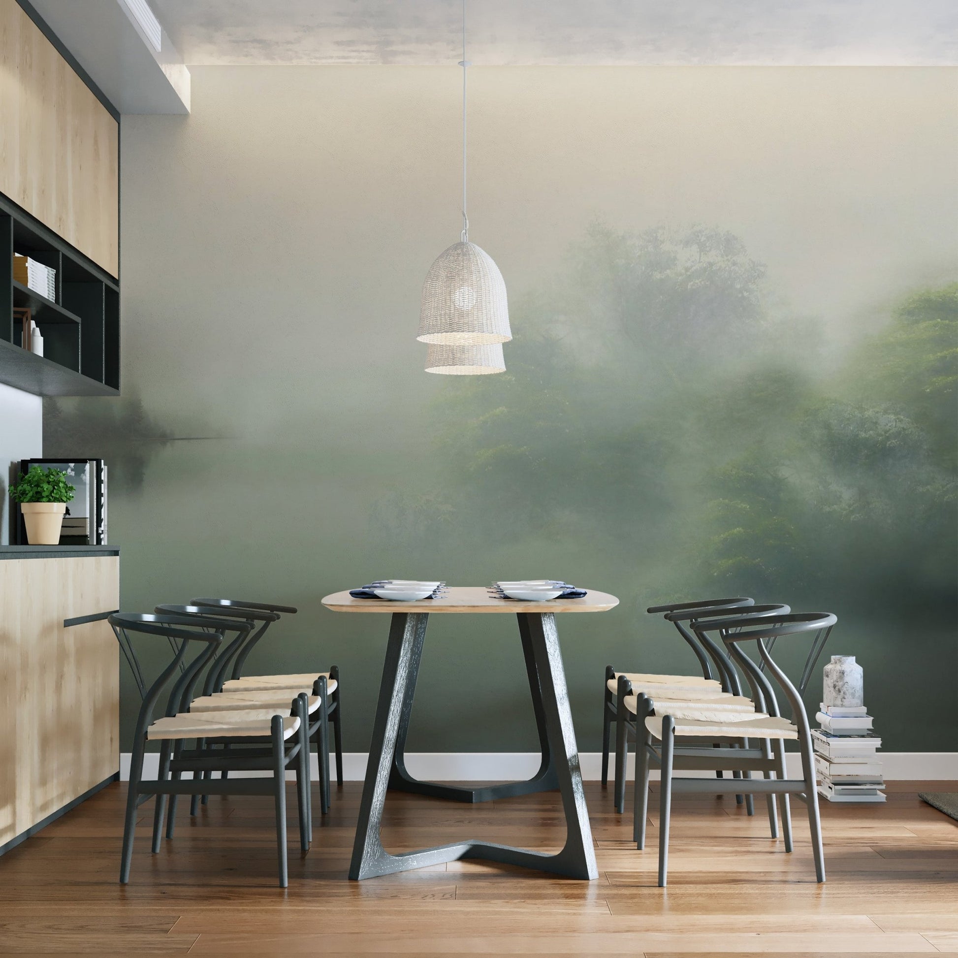 Dreamy mist-covered forest wallpaper
