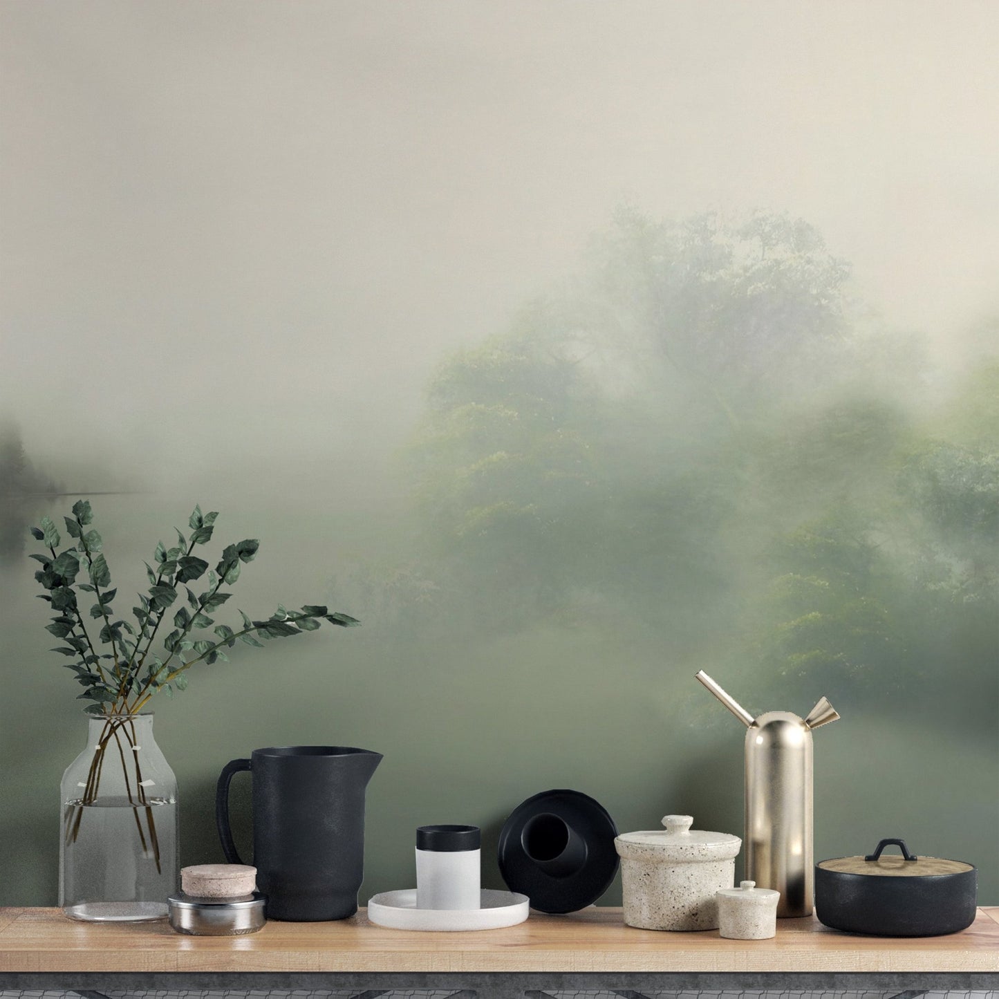 Soft green misty landscape mural
