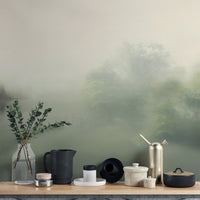 Soft green misty landscape mural
