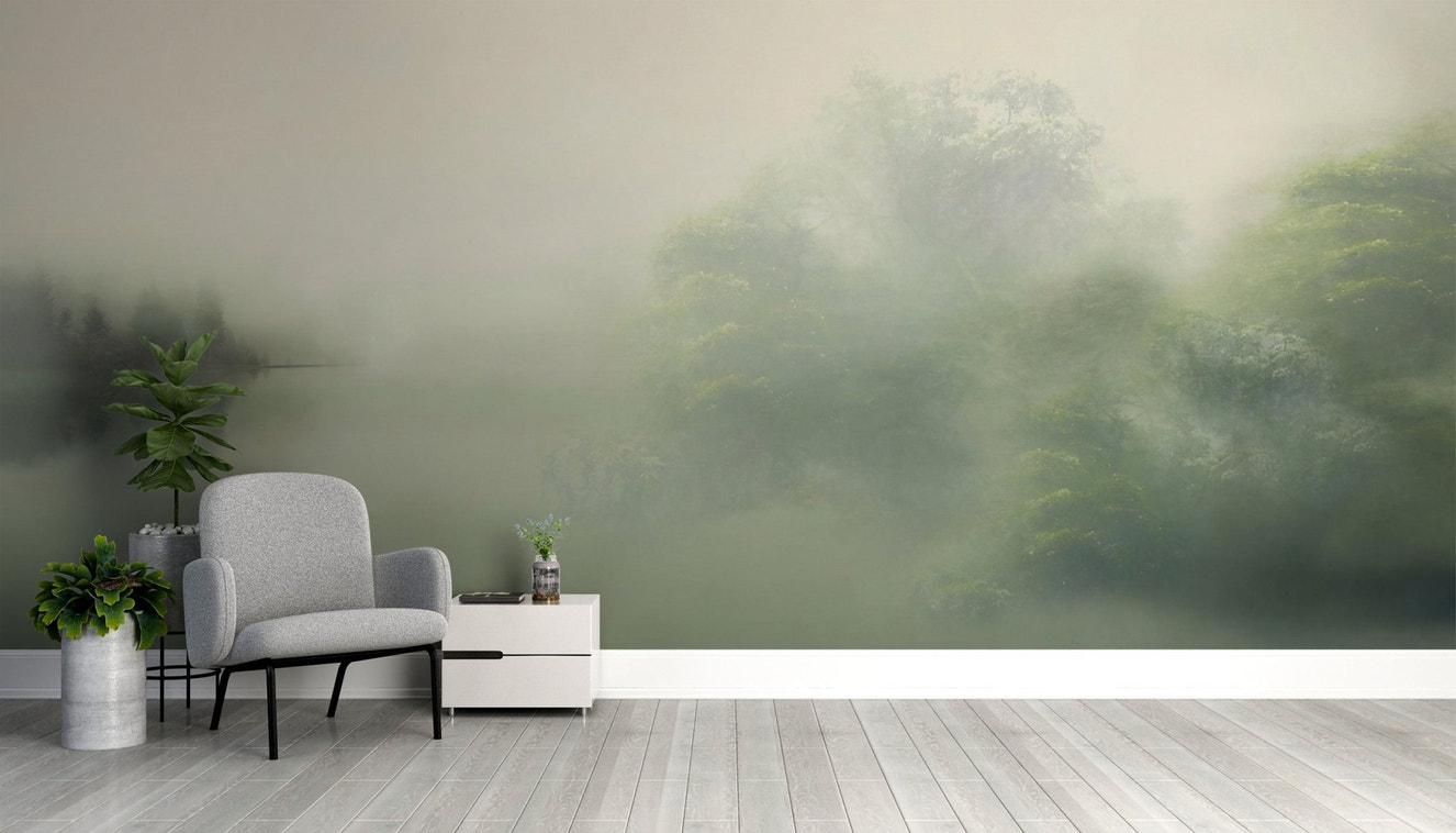Serene misty woodland wall mural
