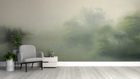 Serene misty woodland wall mural
