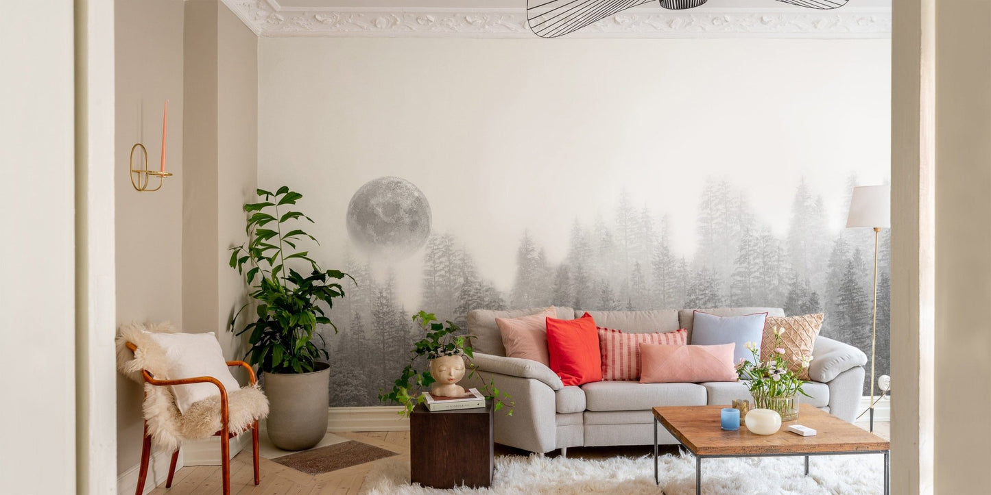 Moonlit forest mural with foggy trees
