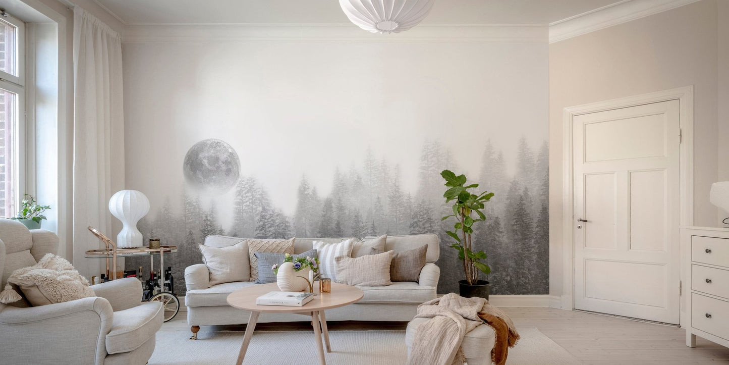 Dark misty woodland wallpaper design
