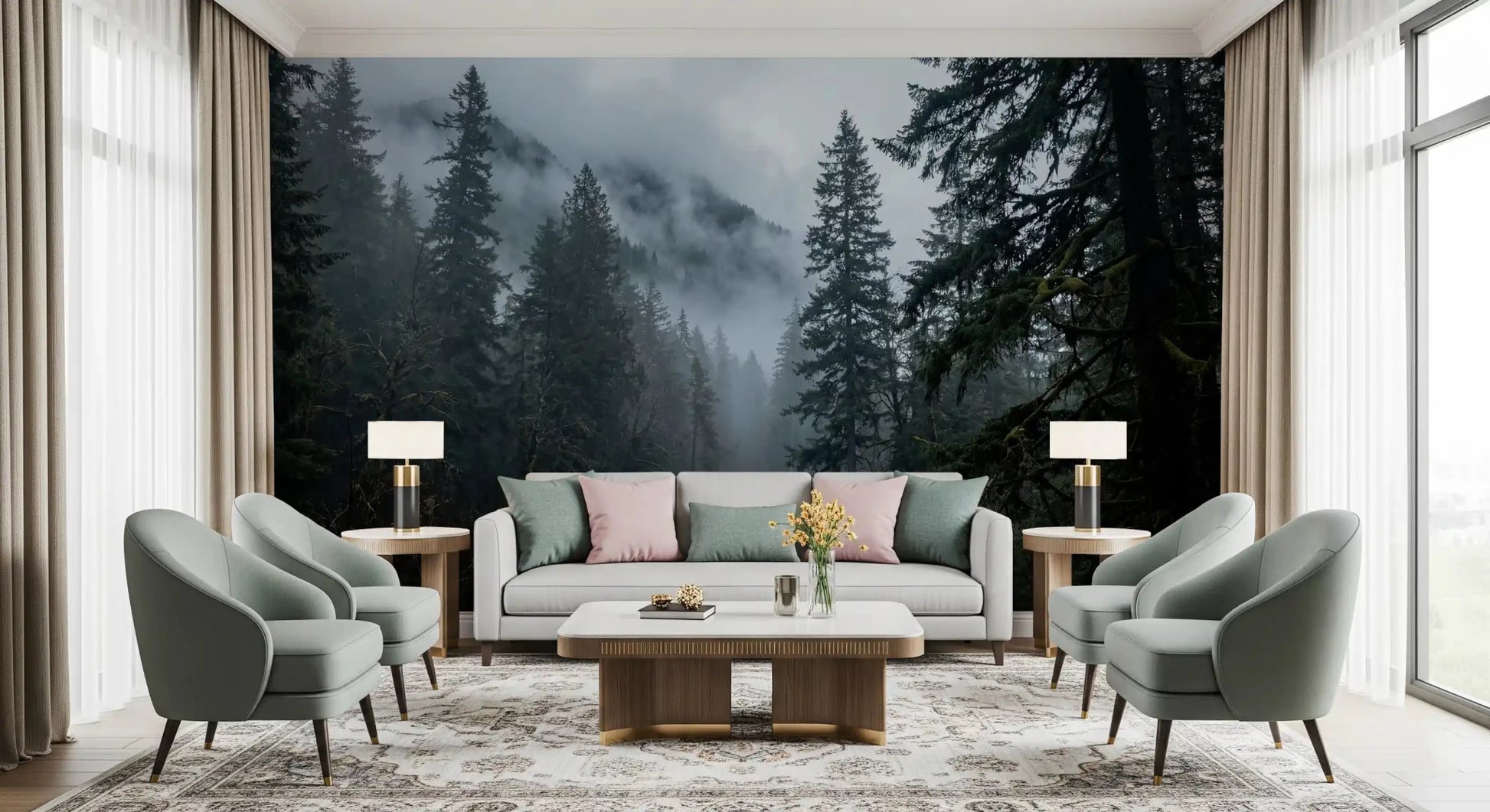 Misty Forest Path In Winter Wall Mural