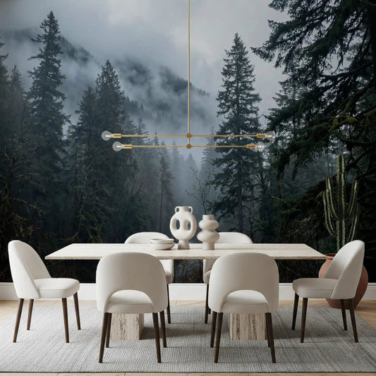 Dining room wrapped in the moody depth of a Misty Forest Path Winter wall mural