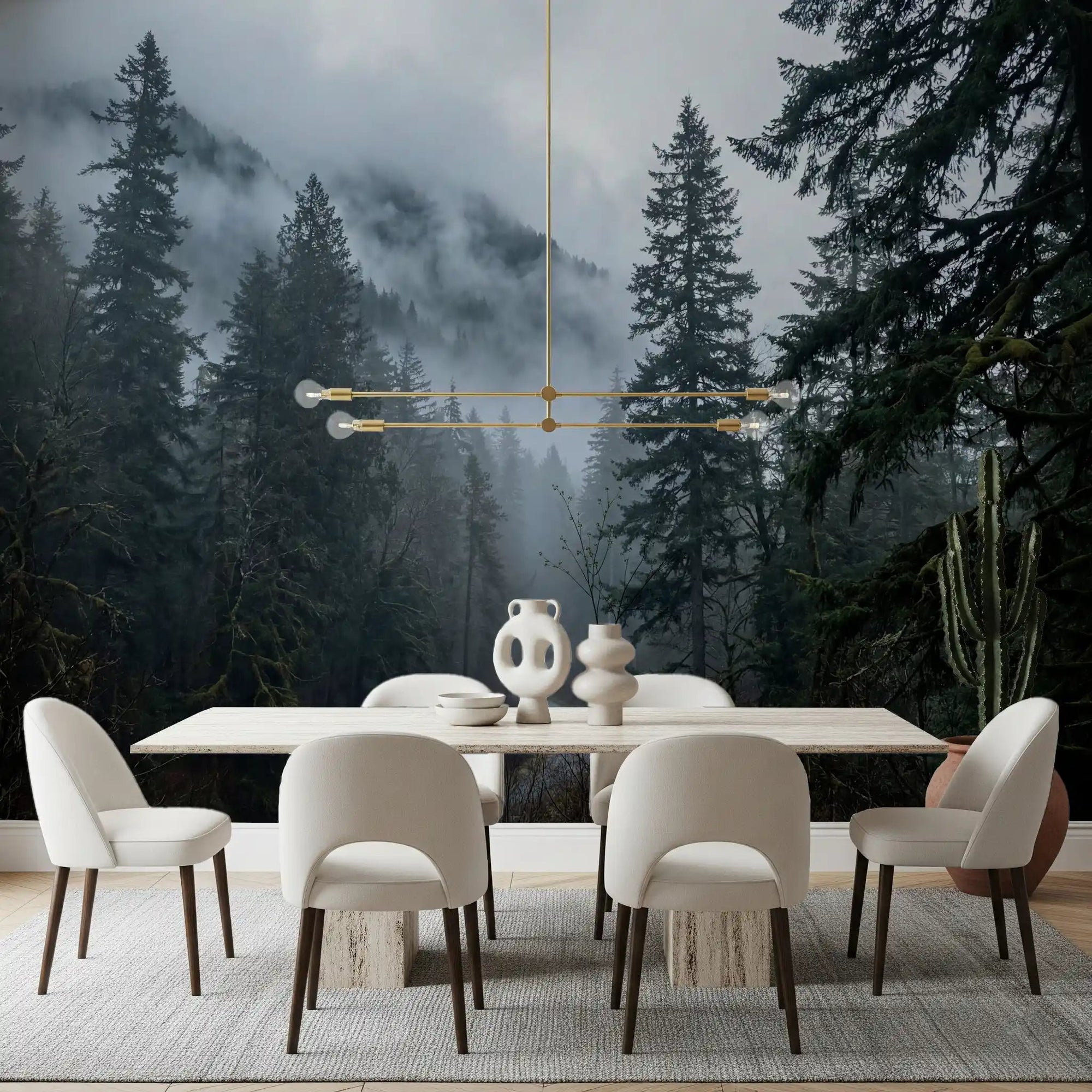 Dining room wrapped in the moody depth of a Misty Forest Path Winter wall mural, GD9075