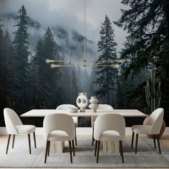 Dining room wrapped in the moody depth of a Misty Forest Path Winter wall mural, GD9075