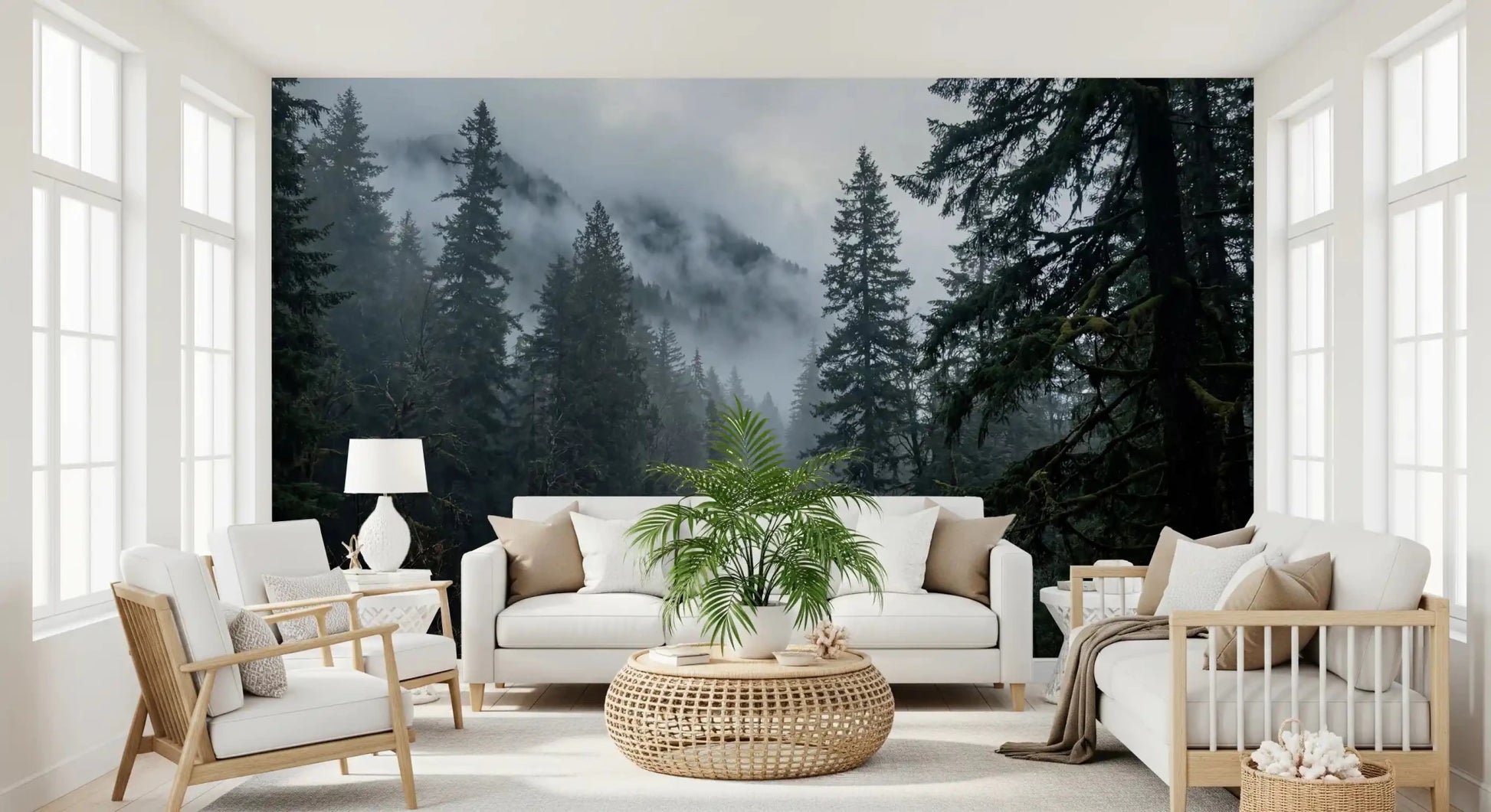 Misty Forest Path In Winter Wall Mural