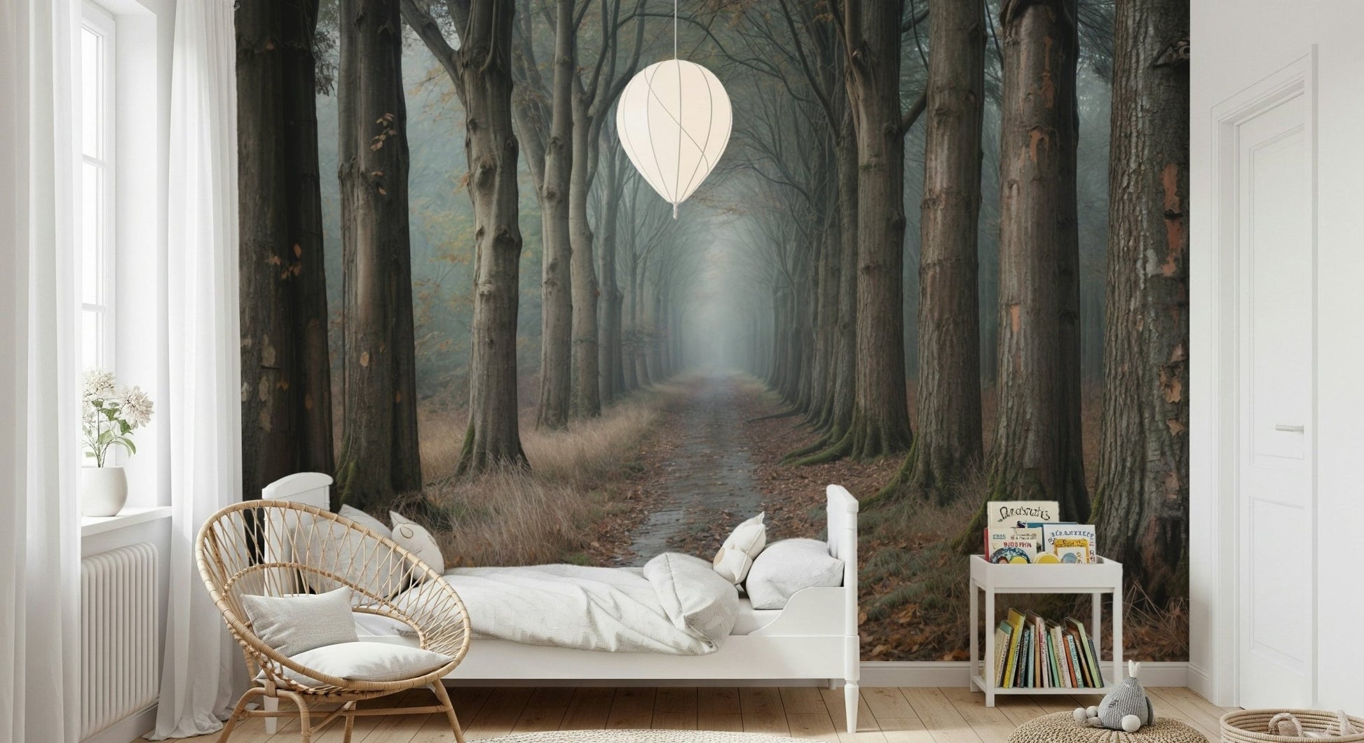 Foggy woodland wallpaper for a peaceful bedroom feature wall.