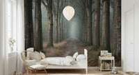 Foggy woodland wallpaper for a peaceful bedroom feature wall.