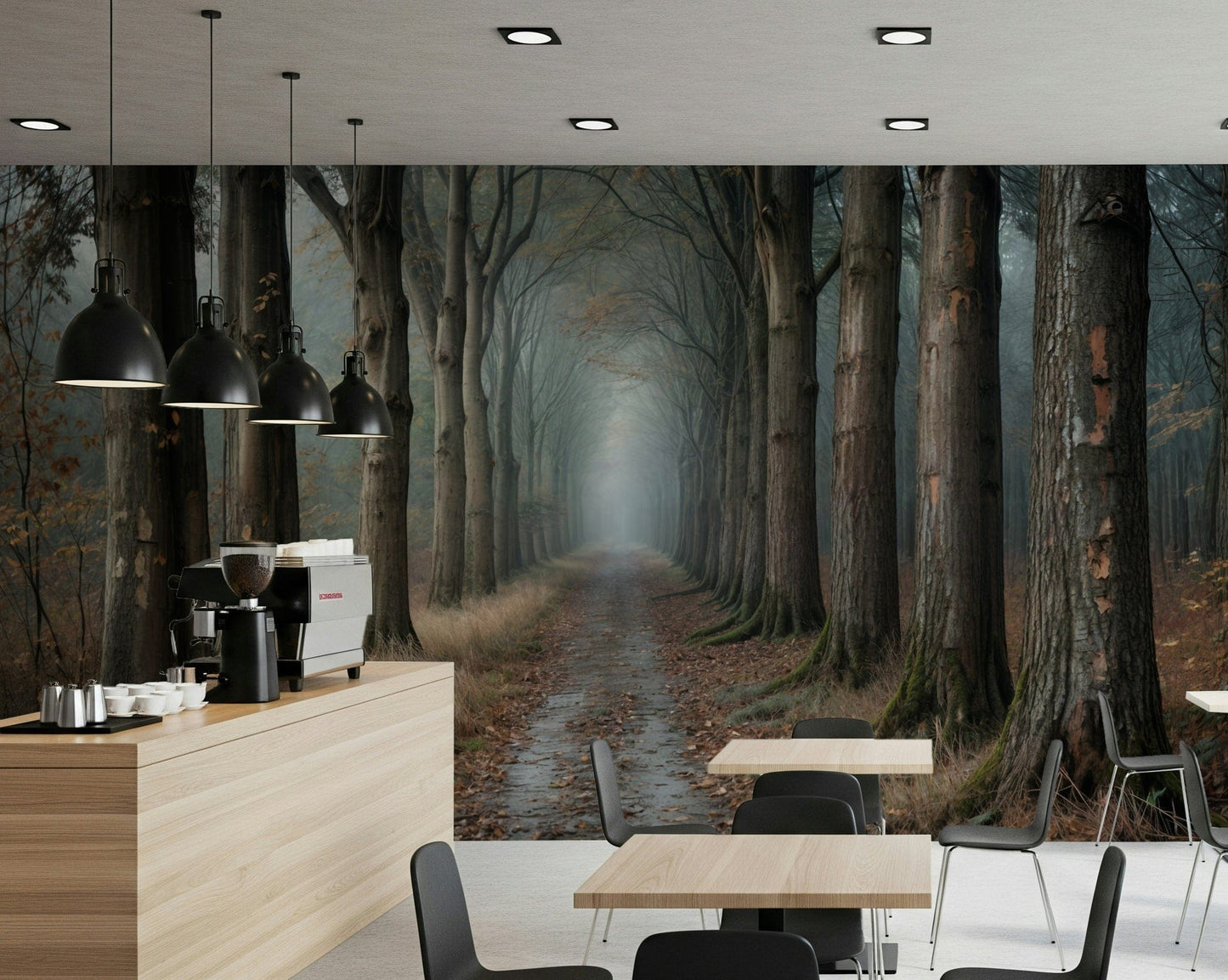 Soft focus woodland wallpaper for a guest room environment.