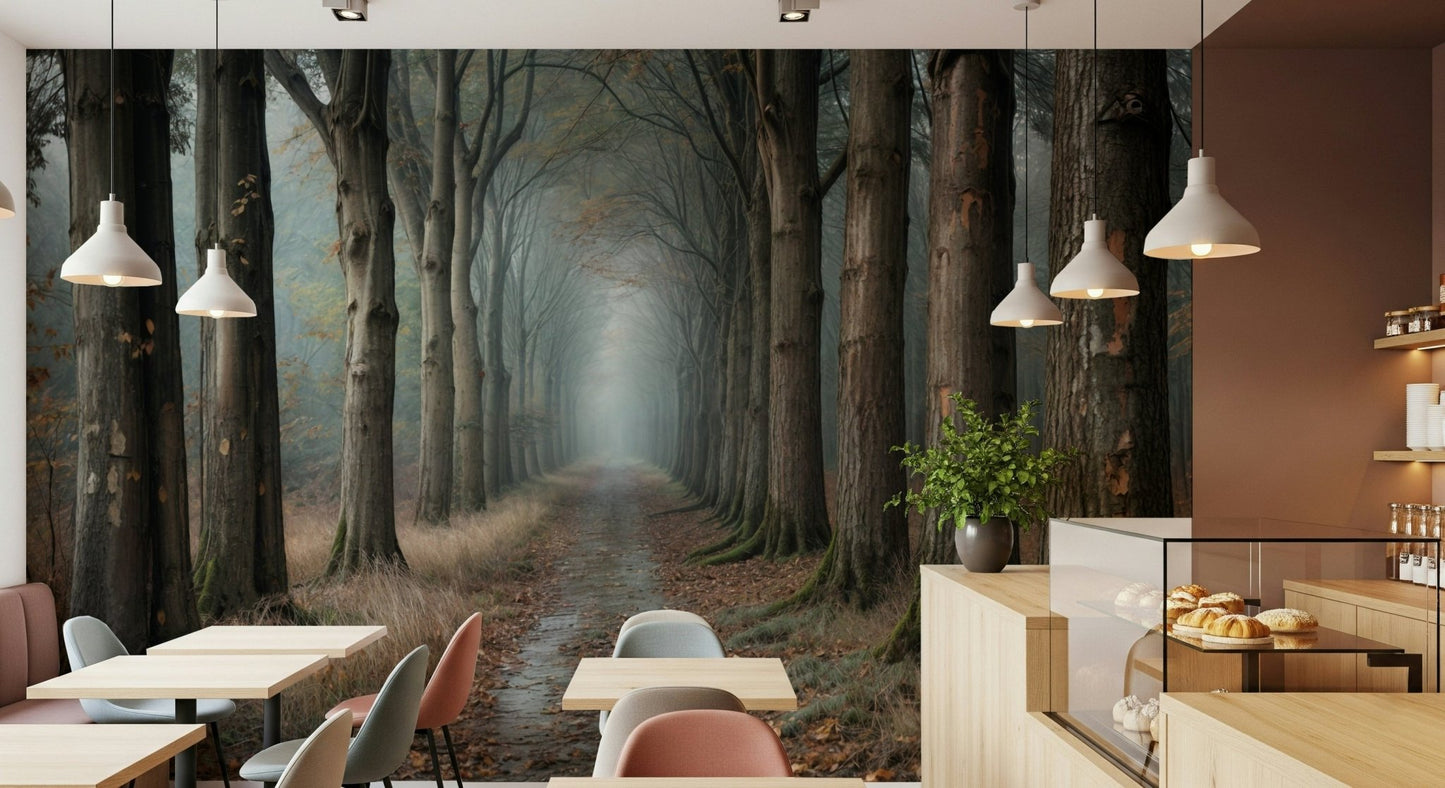 Dark green forest wall mural for a cozy reading nook wall.