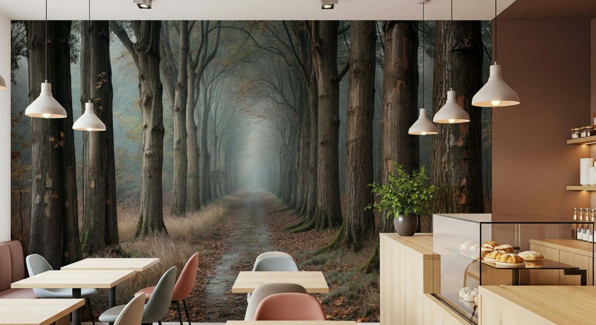 Dark green forest wall mural for a cozy reading nook wall.