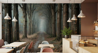 Dark green forest wall mural for a cozy reading nook wall.