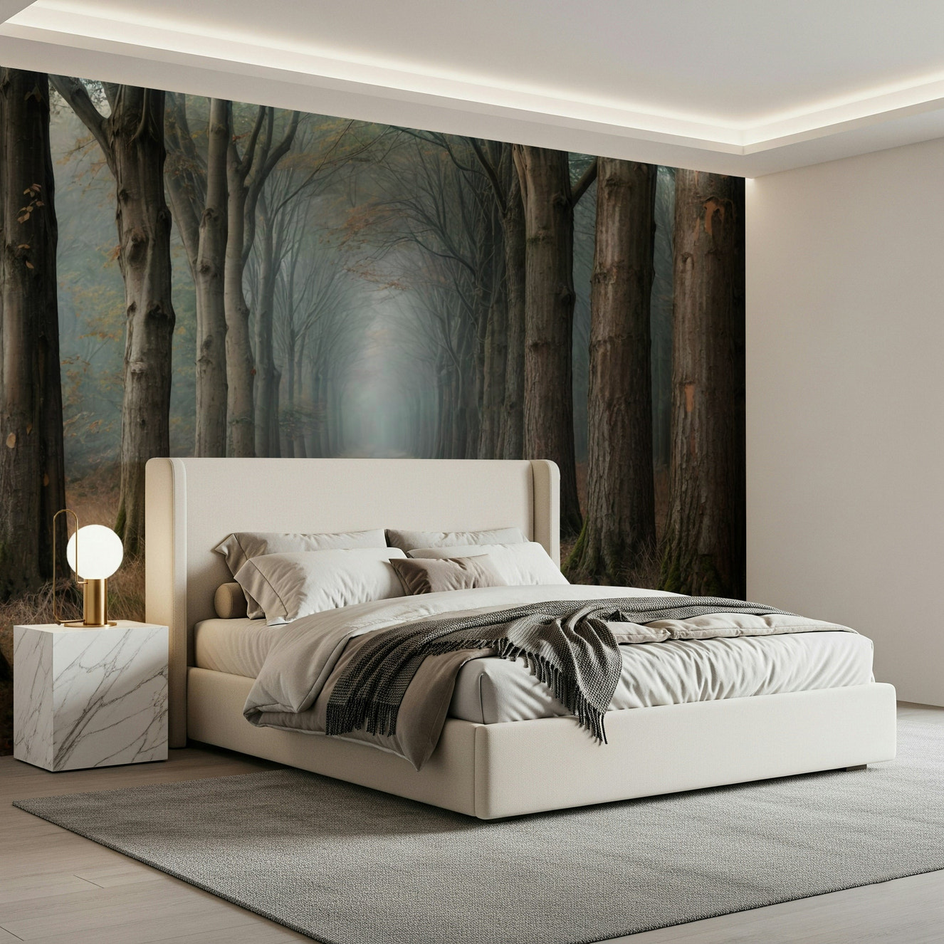Misty Forest Path wall mural in a minimalist living room.