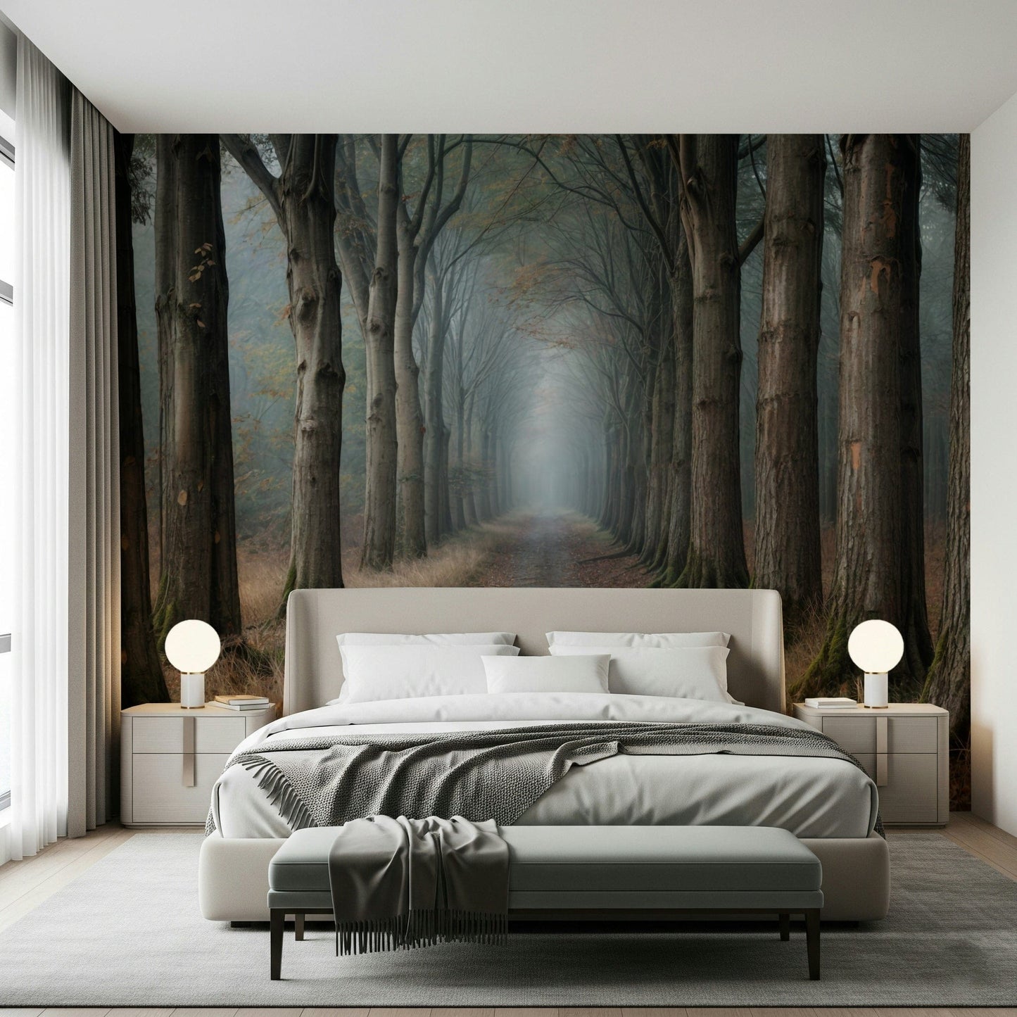 Misty Forest Path wallpaper with green and grey tones in a study.