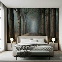 Misty Forest Path wallpaper with green and grey tones in a study.