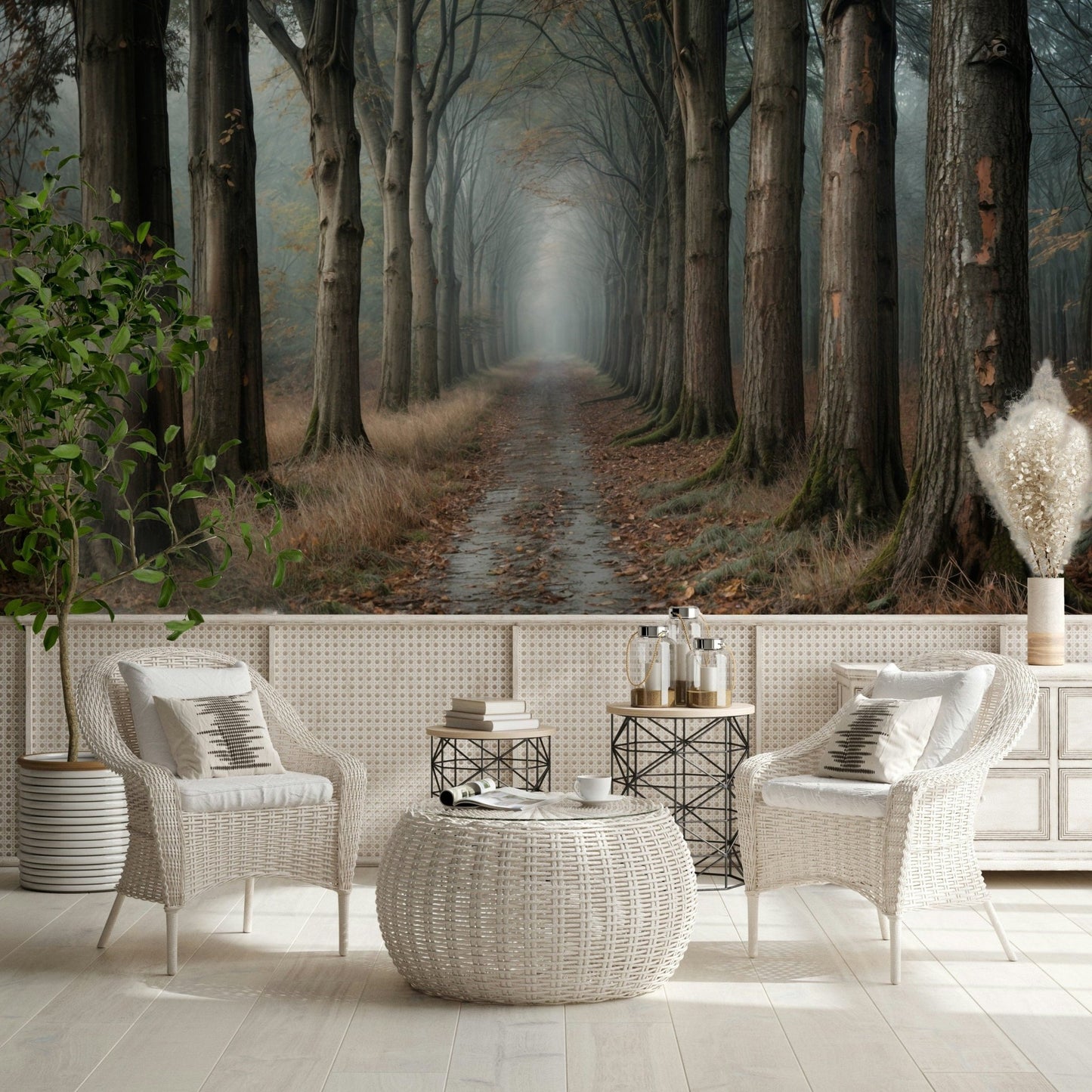 Misty Forest Path wall mural in a modern flat lounge area.