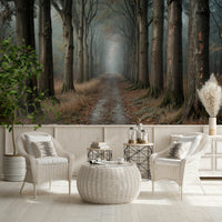 Misty Forest Path wall mural in a modern flat lounge area.