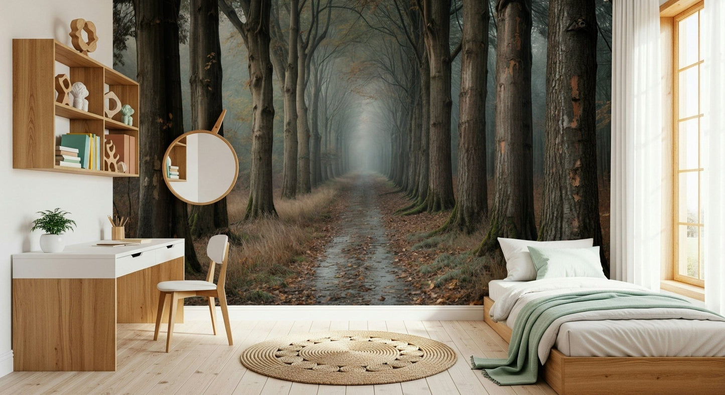 Misty Forest Path wallpaper for a high-ceilinged foyer entry.